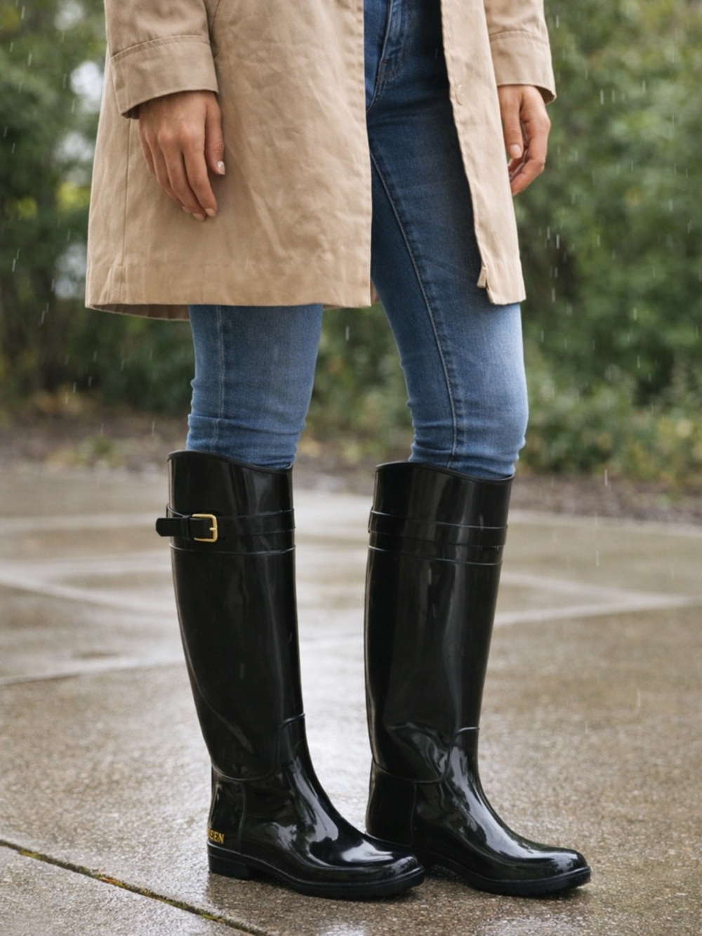 Ralph Lauren Black Glossy Tall Rain Boots with Buckle